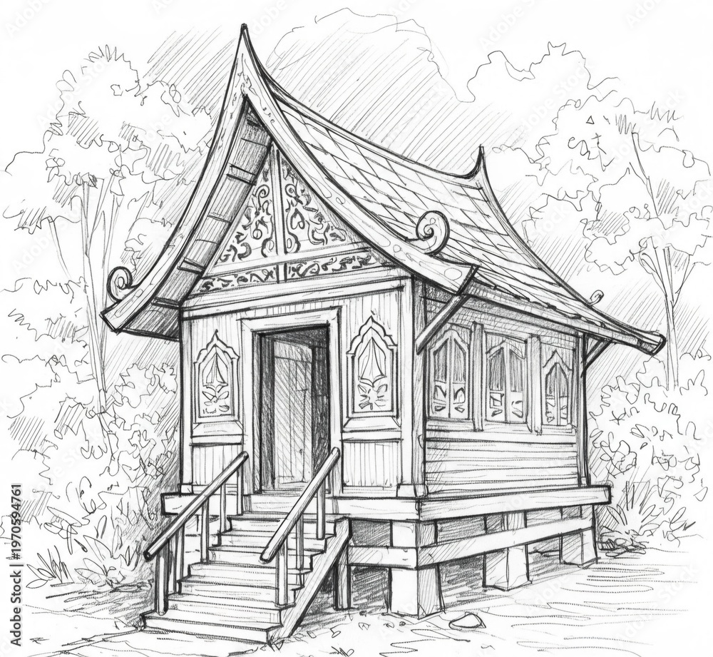 Fototapeta premium Hand Drawn Traditional Asian Wooden House Sketch with Ornate Roof