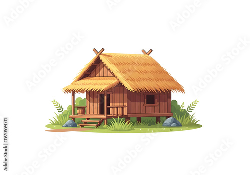 A charming traditional wooden stilt house with a natural thatched roof, embodying rustic simplicity and a peaceful rural lifestyle in a serene setting