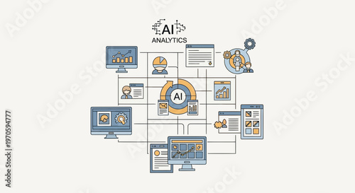 AI analytics concept with interconnected digital elements and data visualization