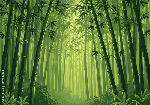 Lush green bamboo forest scene with sunbeams filtering through the canopy, creating a serene and natural atmosphere