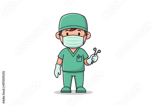 Illustration of a surgeon in scrubs and mask holding surgical tools, depicting a medical professional ready for surgery with precision and care