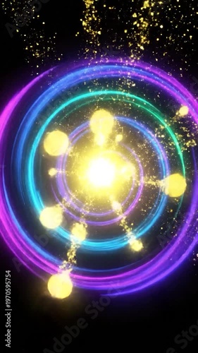 Vibrant swirling energy vortex with glowing particles and colorful light trails on a dark background, creating a sense of motion and cosmic