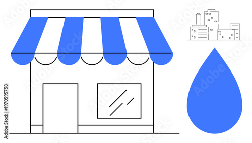 Retail, sustainability, water conservation, urban business, eco solutions, small business. Storefront with awning, water drop cityscape illustration. Sustainability and water conservation concept