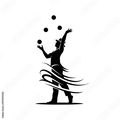 Silhouette of a person juggling multiple balls with dynamic lines.