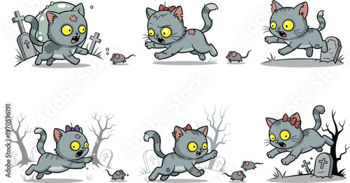 Cute zombie cat chasing mouse halloween graveyard cartoon illustration set