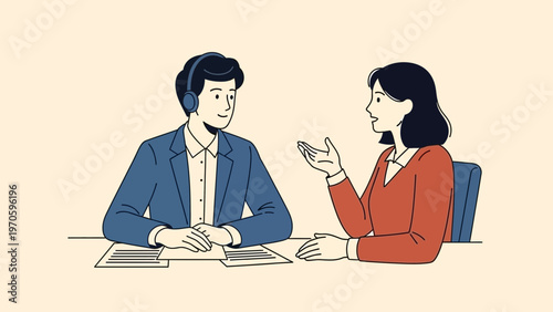 Business meeting, man with headphones and woman talking at desk, flat design illustration