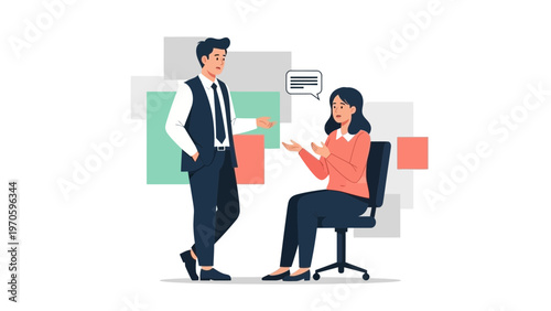Business meeting: man and woman discussing ideas with speech bubble