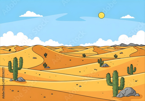 A cheerful cartoon illustration presents a vast desert landscape under a clear blue sky, featuring golden sand dunes, green cacti, and scattered rocks, bathed in the warm light of a shining sun