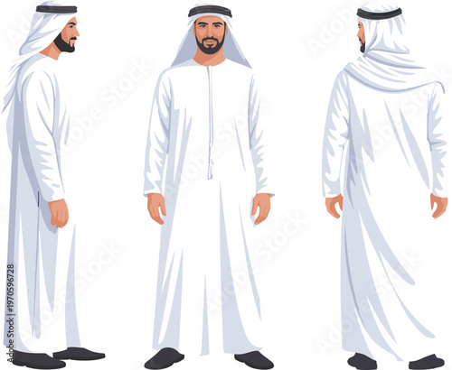 Arab Muslim man character turnaround, traditional kandura clothing vector illustration, front side back poses, Middle Eastern male fashion reference