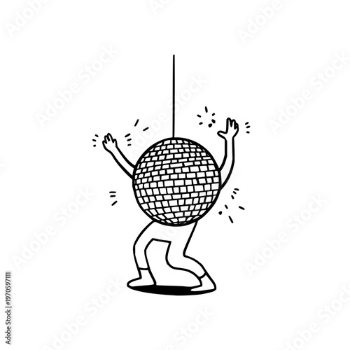 Fun disco ball character dancing with human arms and legs minimalist line art illustration for nightclub party events and retro music festival celebration graphic design