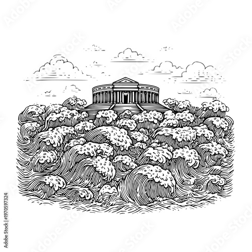 Classical greek temple surrounded by turbulent ocean waves in detailed engraving style illustration representing ancient mythology and resilience amidst stormy seas