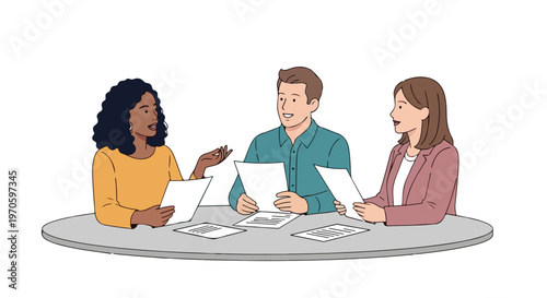 Three diverse professionals sit at a round table, holding papers and engaging in a productive business meeting together.
