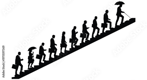 Silhouettes of diverse business people walking upstairs, symbolizing career growth, challenge, and professional ambition.