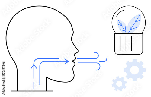 Health, sustainability, renewable energy, green technology, respiration, ecological balance. Diagram of human respiration process with flowing arrows, plant inside glass dome and gears. Health