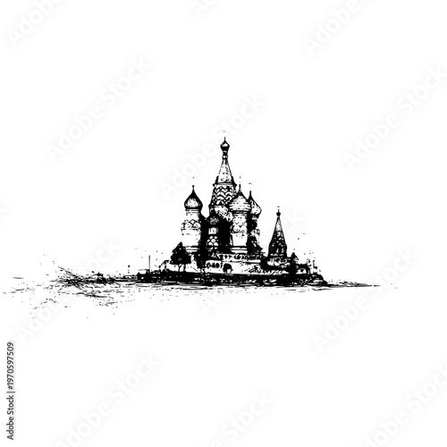 Intricate ink drawing of an orthodox cathedral featuring detailed onion domes and architectural spires rendered in a minimalist artistic style on a clean white background