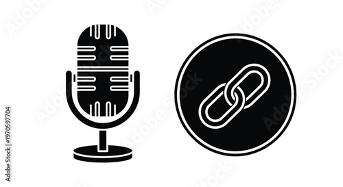 Podcast link icon and professional microphone vector set for audio streaming and digital broadcast branding
