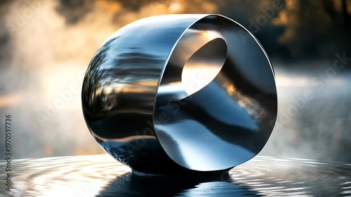 Abstract metallic sculpture reflecting in serene water
