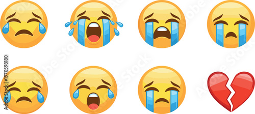 Emotional Crying Emoji Expressions with Tears and Broken Heart Icon