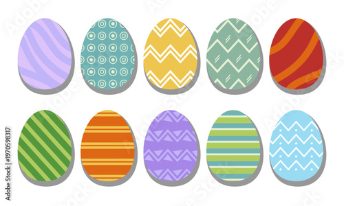 Festive background featuring ten colorful Easter eggs with various patterns and vibrant designs on a white surface.