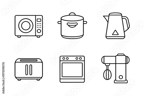 Collection of kitchen appliances line icons including microwave oven cooking pot electric kettle toaster stove and food mixer vector illustration