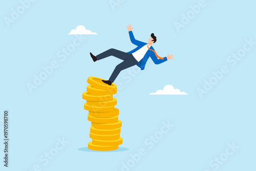 Flat illustration of businessman losing balance and falling from stacked gold coins symbolizing financial risk instability overconfidence wealth loss and investment danger