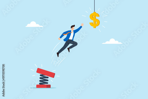 Flat illustration of businessman jumping from springboard reaching hanging dollar sign symbolizing financial opportunity business ambition income growth and striving for success