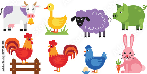 Farm Animal Characters Set Featuring Cow, Duck, Sheep, Pig, Rooster, Chicken, Rabbit, and Fence for Kids' Illustrations