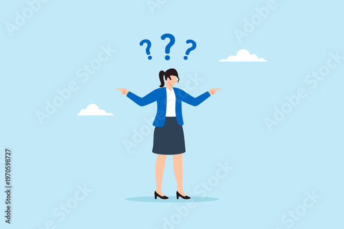 Flat illustration of confused businesswoman pointing in opposite directions with question marks symbolizing indecision uncertainty dilemma and lack of clarity