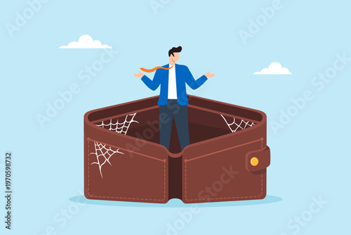 Flat illustration of businessman standing inside empty wallet with cobwebs symbolizing financial struggle poverty low savings cash shortage and broke condition