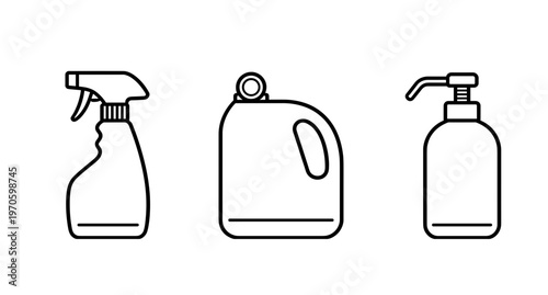 Cleaning Product Containers Set Including Spray Bottle, Large Plastic Gallon Jug and Liquid Soap Dispenser Pump Vector Line Art Icons on White