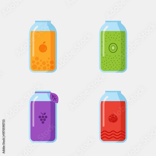 Collection of Healthy Fruit and Vegetable Juice Glass Bottles Including Orange, Kiwi, Grape and Tomato Smoothies Flat Design Vector Illustration