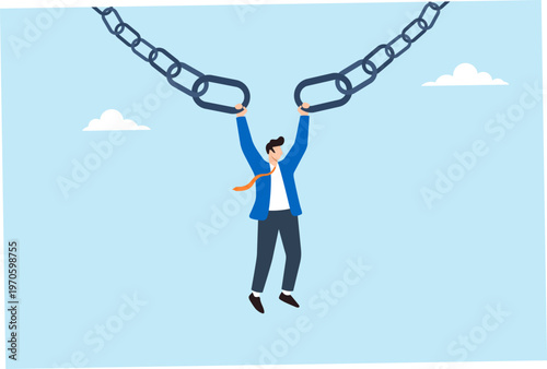 Flat illustration of businessman hanging and holding broken chain links symbolizing weak connection risk instability business vulnerability and potential failure