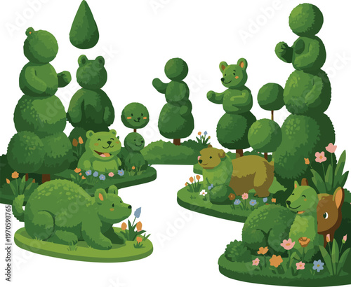 Created on A garden filled with whimsical green topiaries shaped like animals and objects vector art on white background
