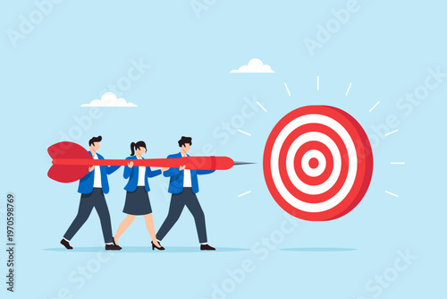 Flat illustration of business team carrying giant dart together to hit large target symbolizing teamwork collaboration shared goal achievement strategic focus and collective success