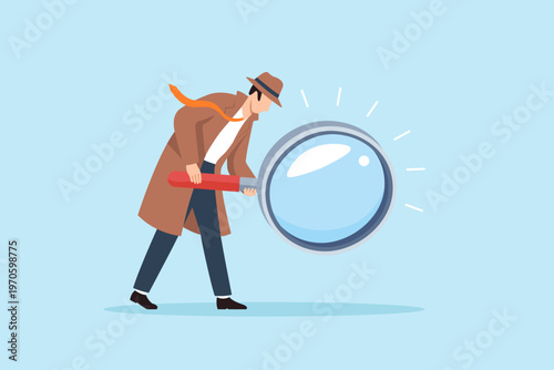 Flat illustration of detective inspecting with giant magnifying glass symbolizing investigation research data analysis searching clues problem solving and careful observation