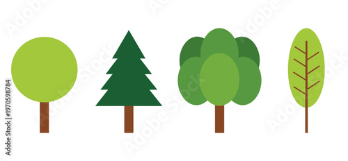 Different Types of Green Tree Silhouettes Including Round, Pine, Bushy and Oval Shapes Flat Design Vector Icons for Nature and Environment Concept