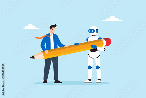 Flat illustration of businessman collaborating with friendly robot holding giant pencil together symbolizing human AI teamwork creativity innovation productivity and future technology cooperation