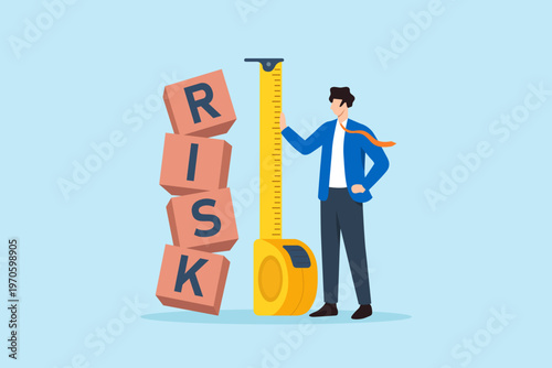 Flat illustration of businessman measuring unstable risk blocks with tape measure symbolizing financial uncertainty business evaluation danger level analysis and decision making