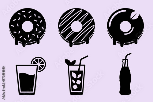 Sweet Donuts and Cold Summer Drinks Silhouette Icons Set, Glazed Doughnuts, Soda and Cocktail Refreshment Symbols for Food and Beverage Menu Design