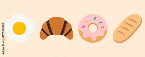 Breakfast and Bakery Food Illustration Set with Fried Egg, Croissant, Glazed Donut and French Bread Loaf Isolated on Light Background