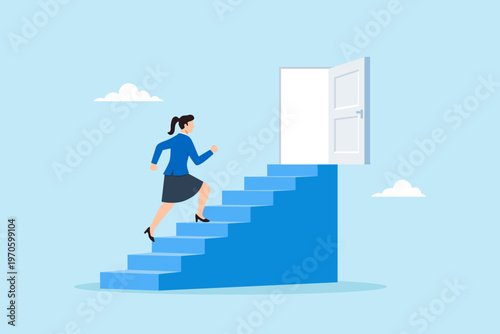 Flat illustration of businesswoman running up staircase toward open door with bright light symbolizing career opportunity new beginning success path ambition growth and professional advancement