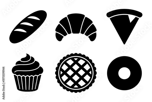 Assorted Bakery Products and Pastry Silhouette Icons, Bread, Croissant, Pizza, Cupcake, Pie and Donut Symbols for Bakeshop or Cafe Menu Design