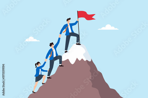 Flat illustration of business leader on mountain peak holding red flag while helping team members climb upward symbolizing leadership support teamwork guidance success and achievement