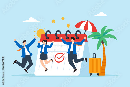Flat illustration of business people celebrating holiday on marked calendar page with travel suitcase and beach elements symbolizing vacation time work break relaxation and schedule planning