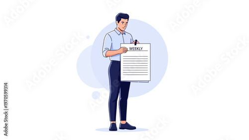 Man holding weekly report, business planning and organization concept