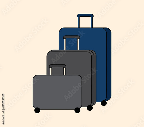 Travel Luggage Set of Three Different Sizes Suitcases in Blue and Grey Colors, Vacation and Business Trip Concept, Flat Vector Illustration for Travel