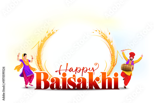 Happy Baisakhi festive carnival background. Wheat decor and Punjabi Sikh traditional family dance, party and celebration vector illustration.