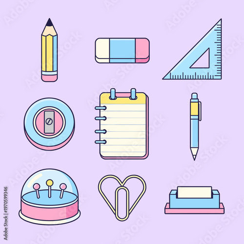School and Office Stationery Supplies Set with Pencil, Eraser, Ruler, Sharpener, Notebook, Pen, Pincushion and Paper Clip, Back to School Vector
