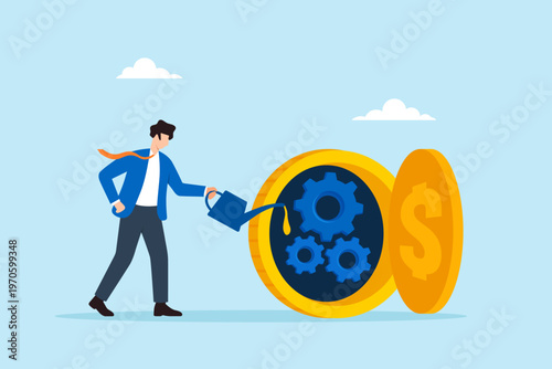 Flat illustration of businessman pouring oil to lubricate money gears inside large dollar coin machine symbolizing financial efficiency profit optimization and business operation performance