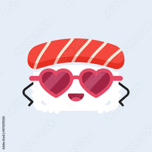 Cool Kawaii Sushi Character Wearing Heart Shaped Sunglasses, Cute Japanese Food Mascot Smiling, Adorable Nigiri Vector Illustration for Kids Design